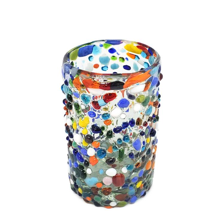 Vasos de Vidrio Soplado / Juego de 6 vasos Jugo 9oz Confeti granizado / Deje entrar a la primavera en su casa con ste colorido juego de vasos. El decorado con vidrio multicolor los hace resaltar en cualquier lugar.